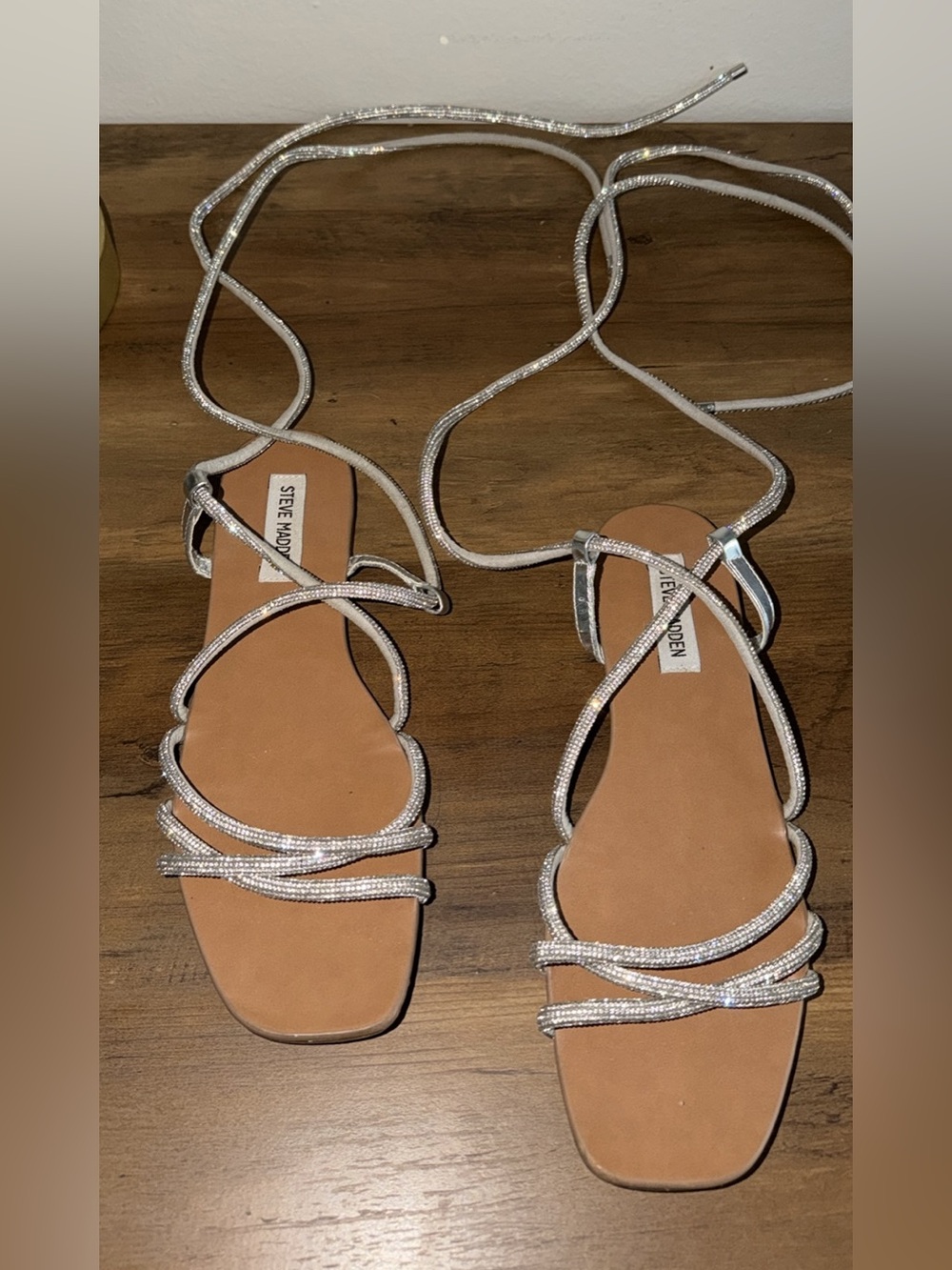 Steve Madden Silver Rhinestone Lace-Up Flat Sandals